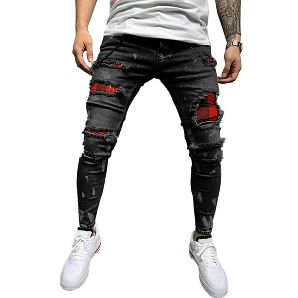 Mens Ripped Skinny Denim Trousers Stretch Distressed Jeans Slim Fit Casual Pants